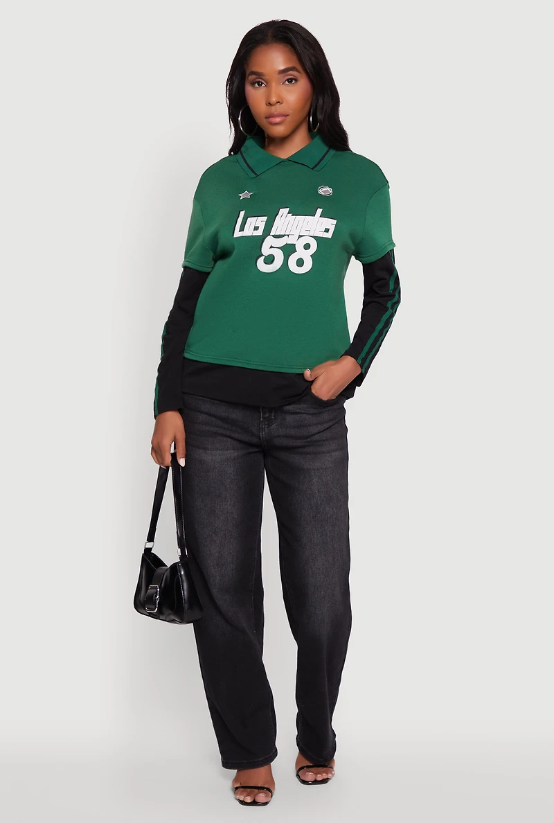 Womens Varsity Stripe Foil Screen Graphic Layered Look Sweater, Green, Size L