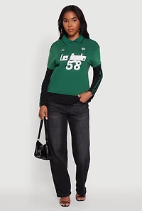 Womens Varsity Stripe Foil Screen Graphic Layered Look Sweater, Green, Size L