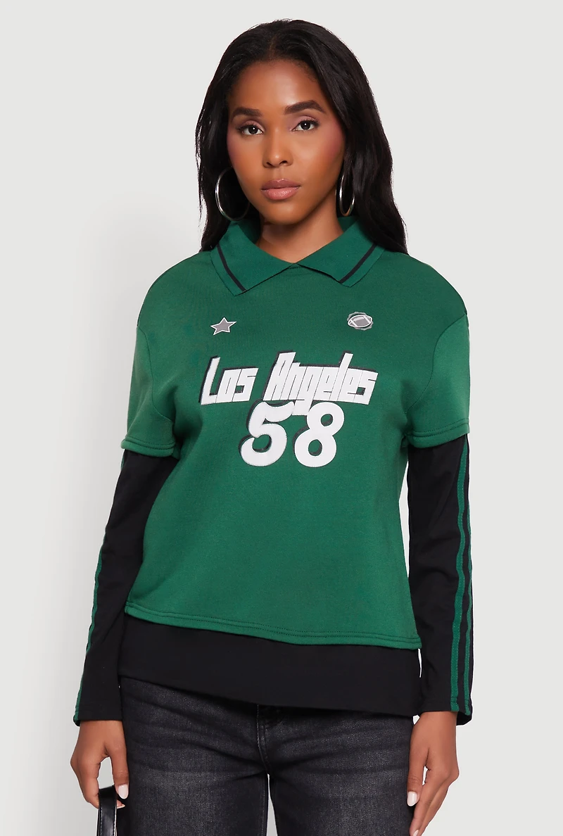 Womens Varsity Stripe Foil Screen Graphic Layered Look Sweater, Green, Size L