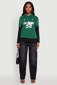 Womens Varsity Stripe Foil Screen Graphic Layered Look Sweater, Green, Size L