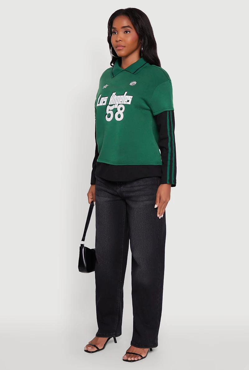Womens Varsity Stripe Foil Screen Graphic Layered Look Sweater, Green, Size L