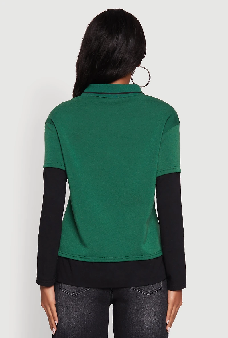 Womens Varsity Stripe Foil Screen Graphic Layered Look Sweater, Green, Size L