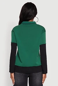 Womens Varsity Stripe Foil Screen Graphic Layered Look Sweater, Green, Size L