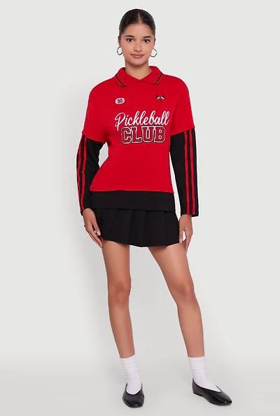 Womens Varsity Stripe Foil Screen Graphic Layered Look Sweater, Red, Size L