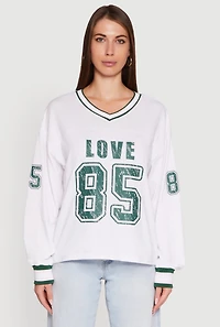 Womens V Neck Varsity Stripe Graphic Tee, White, Size L