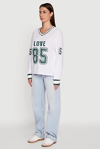 Womens V Neck Varsity Stripe Graphic Tee, White, Size L