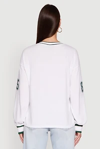 Womens V Neck Varsity Stripe Graphic Tee, White, Size L