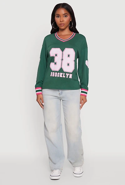 Womens V Neck Varsity Stripe Graphic Tee, Green, Size S