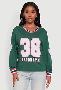 Womens V Neck Varsity Stripe Graphic Tee, Green, Size S