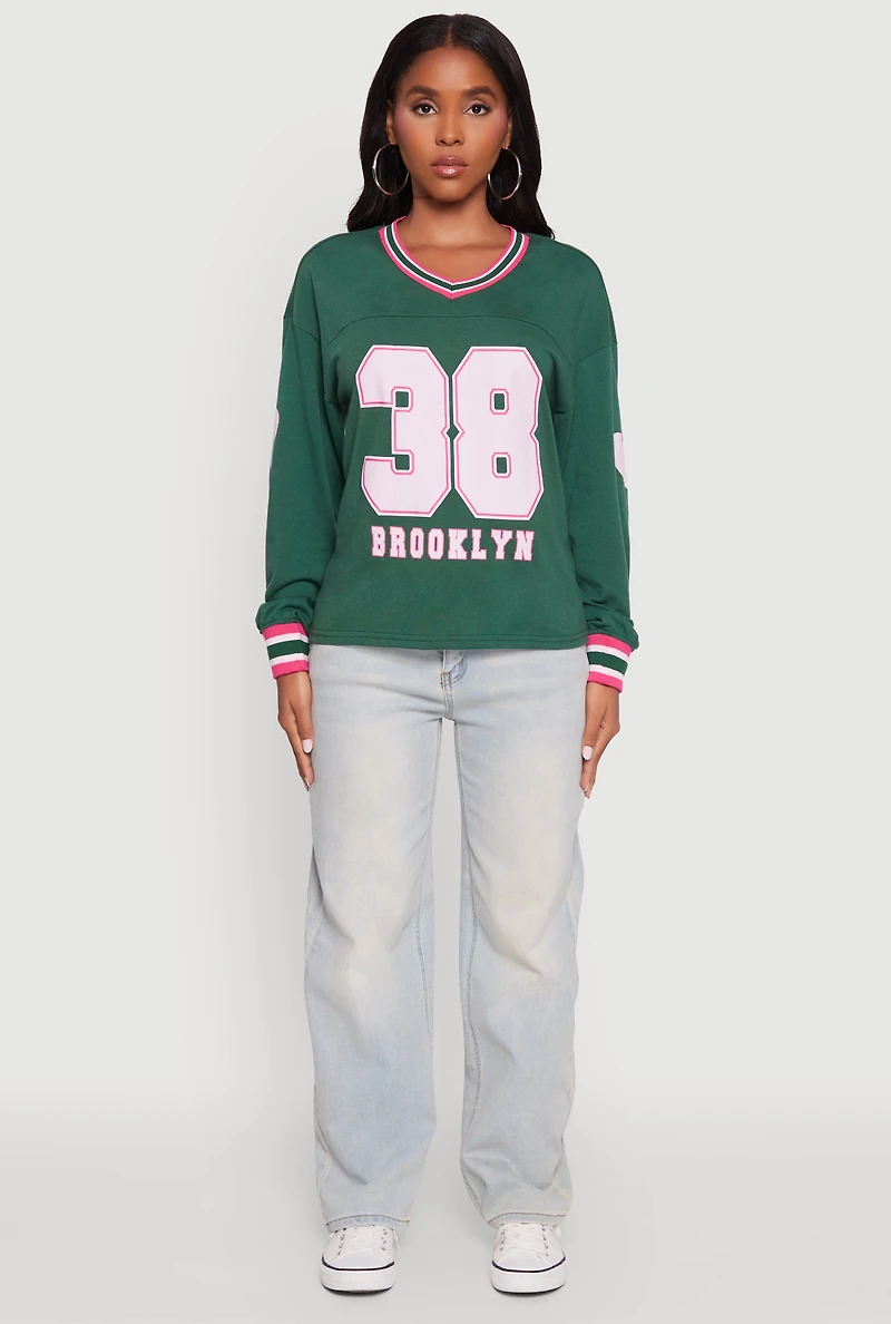Womens V Neck Varsity Stripe Graphic Tee, Green, Size S