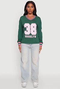Womens V Neck Varsity Stripe Graphic Tee, Green, Size S