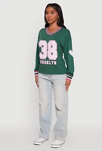 Womens V Neck Varsity Stripe Graphic Tee, Green, Size S