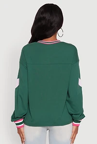 Womens V Neck Varsity Stripe Graphic Tee, Green, Size S