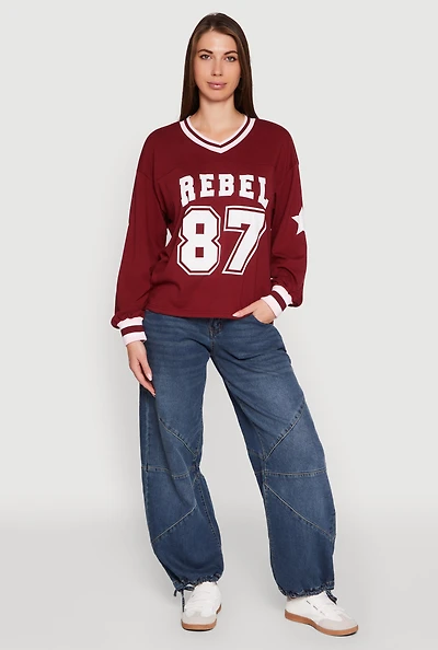 Womens V Neck Varsity Stripe Graphic Tee, Burgundy,