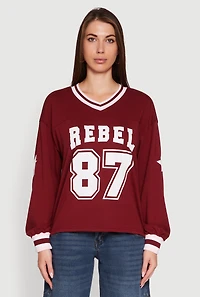 Womens V Neck Varsity Stripe Graphic Tee, Burgundy,