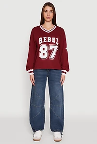 Womens V Neck Varsity Stripe Graphic Tee, Burgundy,
