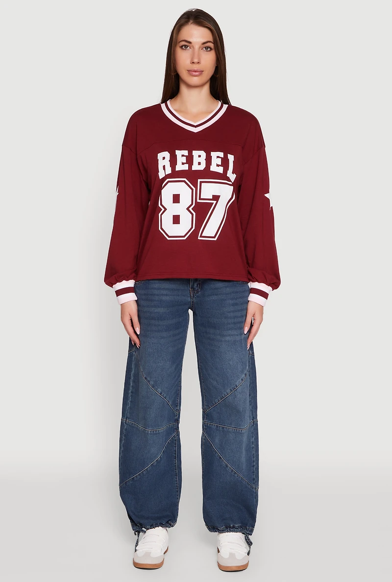 Womens V Neck Varsity Stripe Graphic Tee, Burgundy, Size XL