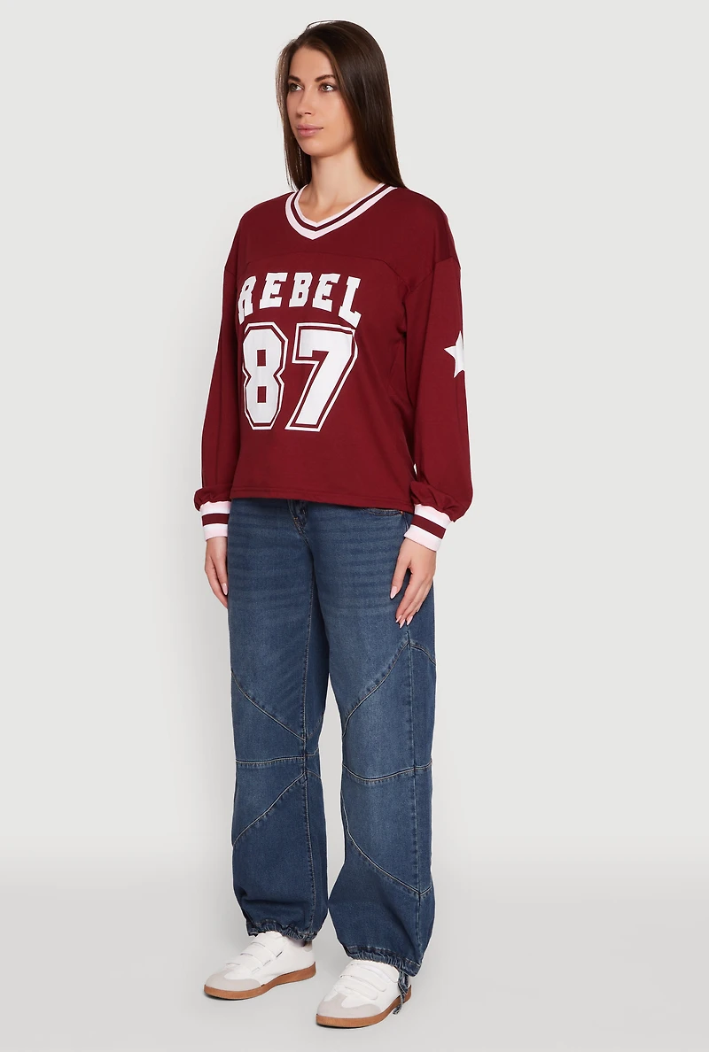 Womens V Neck Varsity Stripe Graphic Tee, Burgundy, Size XL