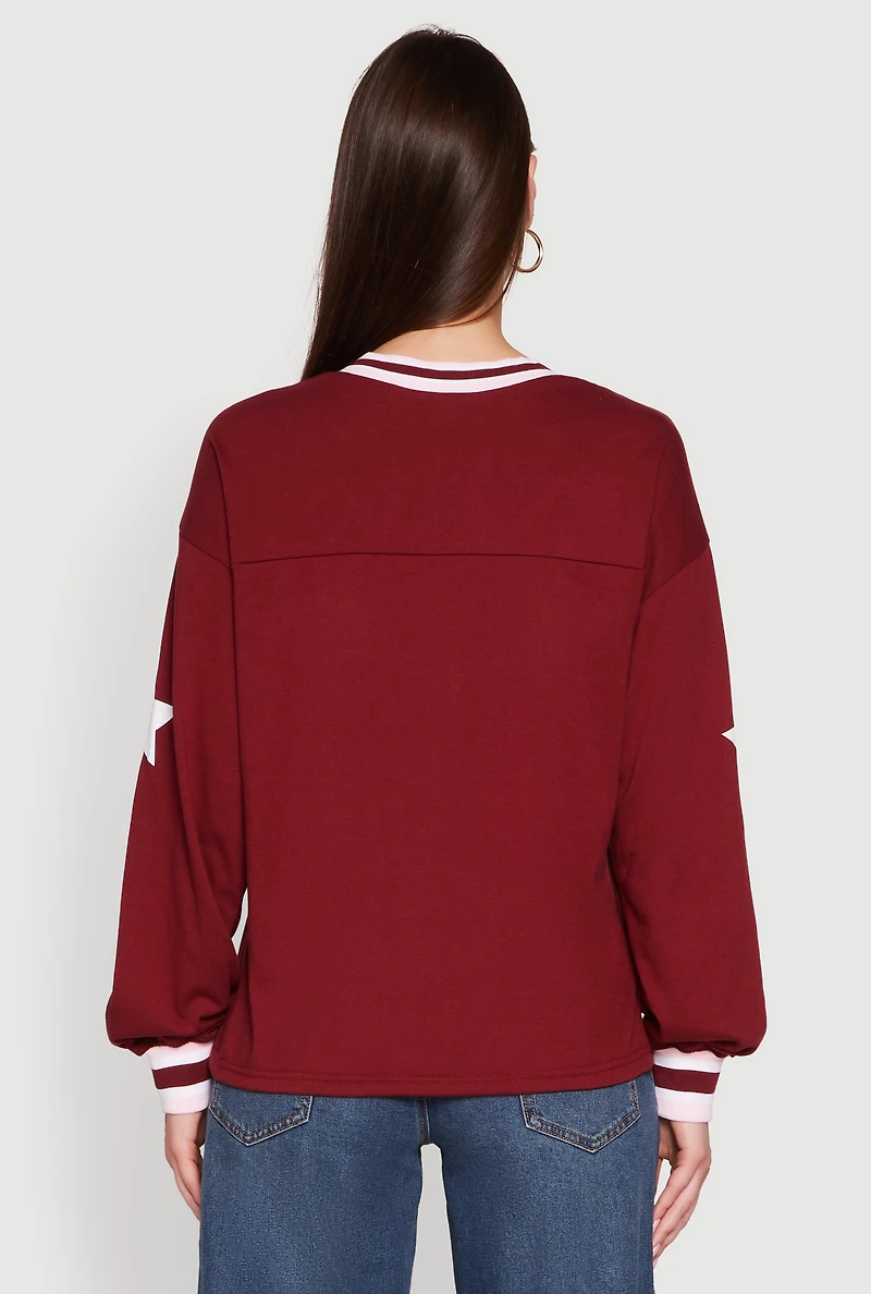 Womens V Neck Varsity Stripe Graphic Tee, Burgundy,