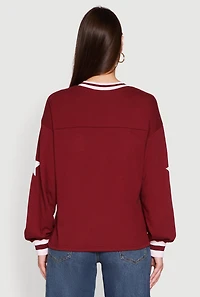 Womens V Neck Varsity Stripe Graphic Tee, Burgundy,
