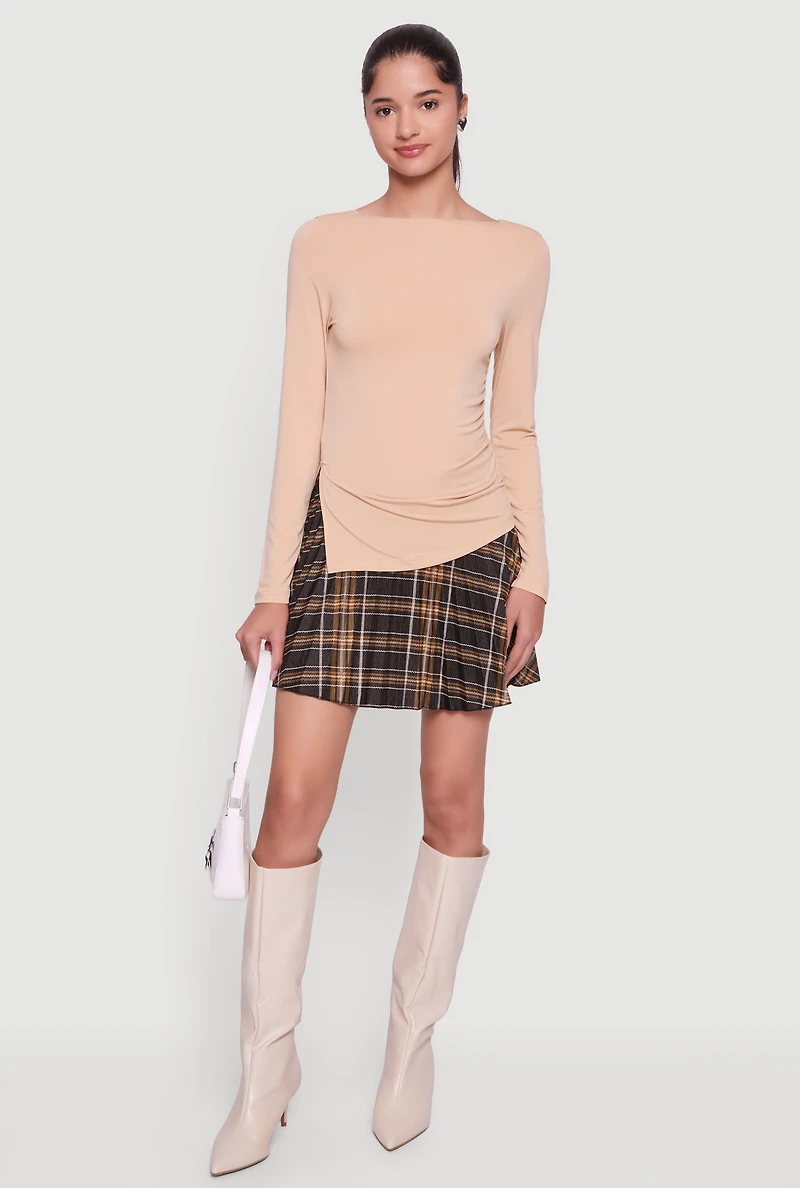 Womens Long Sleeve Side Ruched Scoop Neck Blouse,