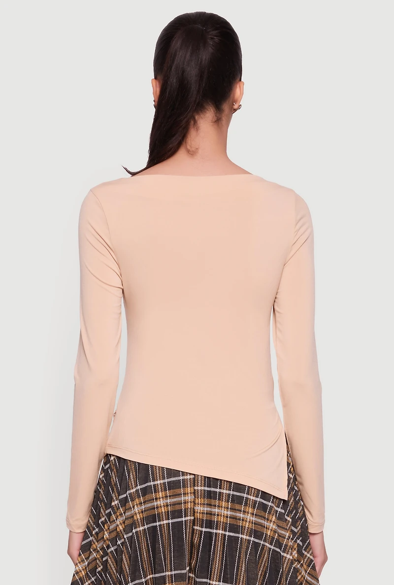 Womens Long Sleeve Side Ruched Scoop Neck Blouse,