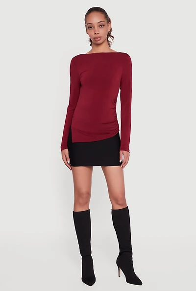 Womens Long Sleeve Side Ruched Scoop Neck Blouse,