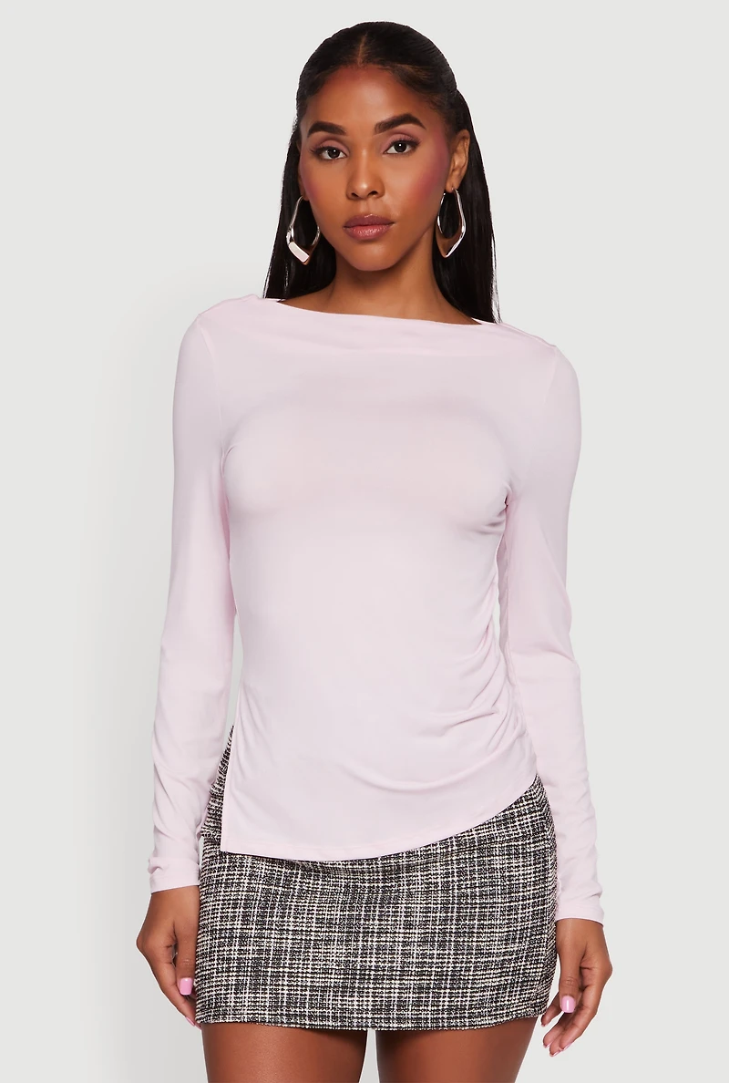 Long Sleeve Side Ruched Scoop Neck Blouse