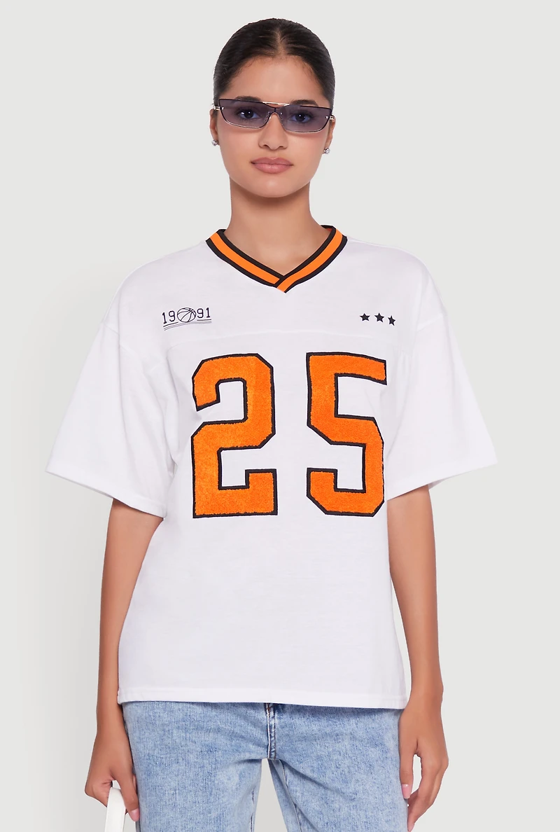 Womens Chenille Graphic Football T-Shirt, White, Size S