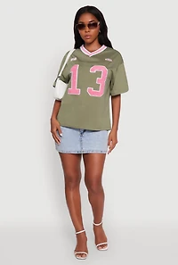 Womens Chenille Graphic Football T-Shirt, Green, Size XL