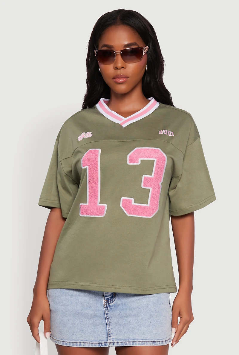 Womens Chenille Graphic Football T-Shirt, Green, Size XL