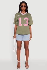 Womens Chenille Graphic Football T-Shirt, Green, Size XL