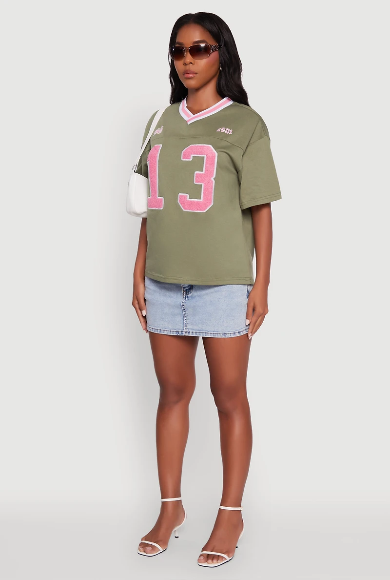Womens Chenille Graphic Football T-Shirt, Green, Size XL