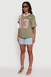 Womens Chenille Graphic Football T-Shirt, Green, Size XL