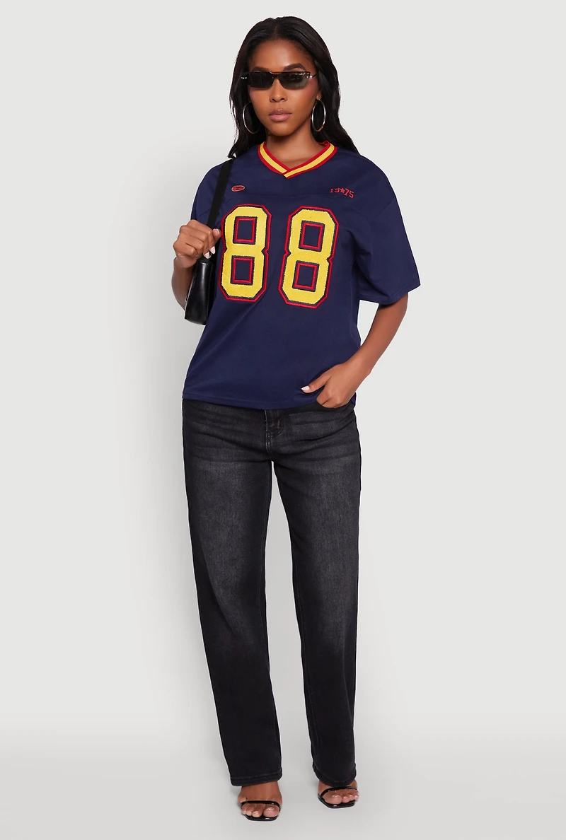Womens Chenille Graphic Football T-Shirt, Blue, Size L