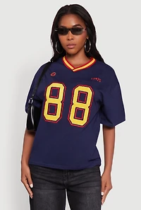 Womens Chenille Graphic Football T-Shirt, Blue, Size L