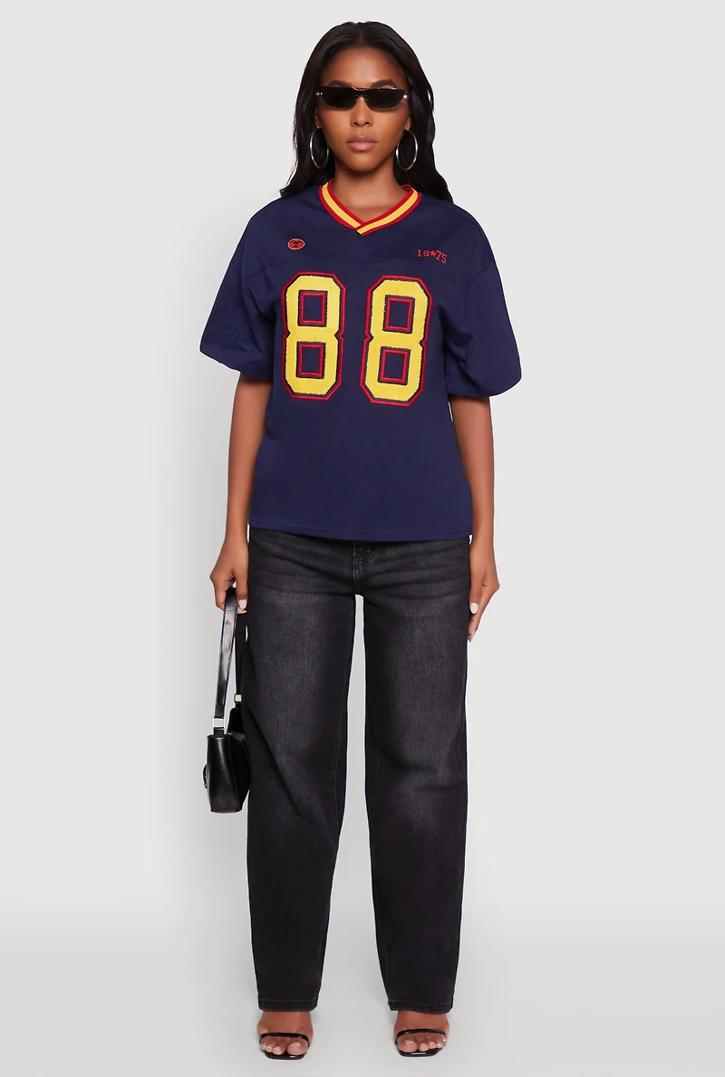 Womens Chenille Graphic Football T-Shirt, Blue, Size L