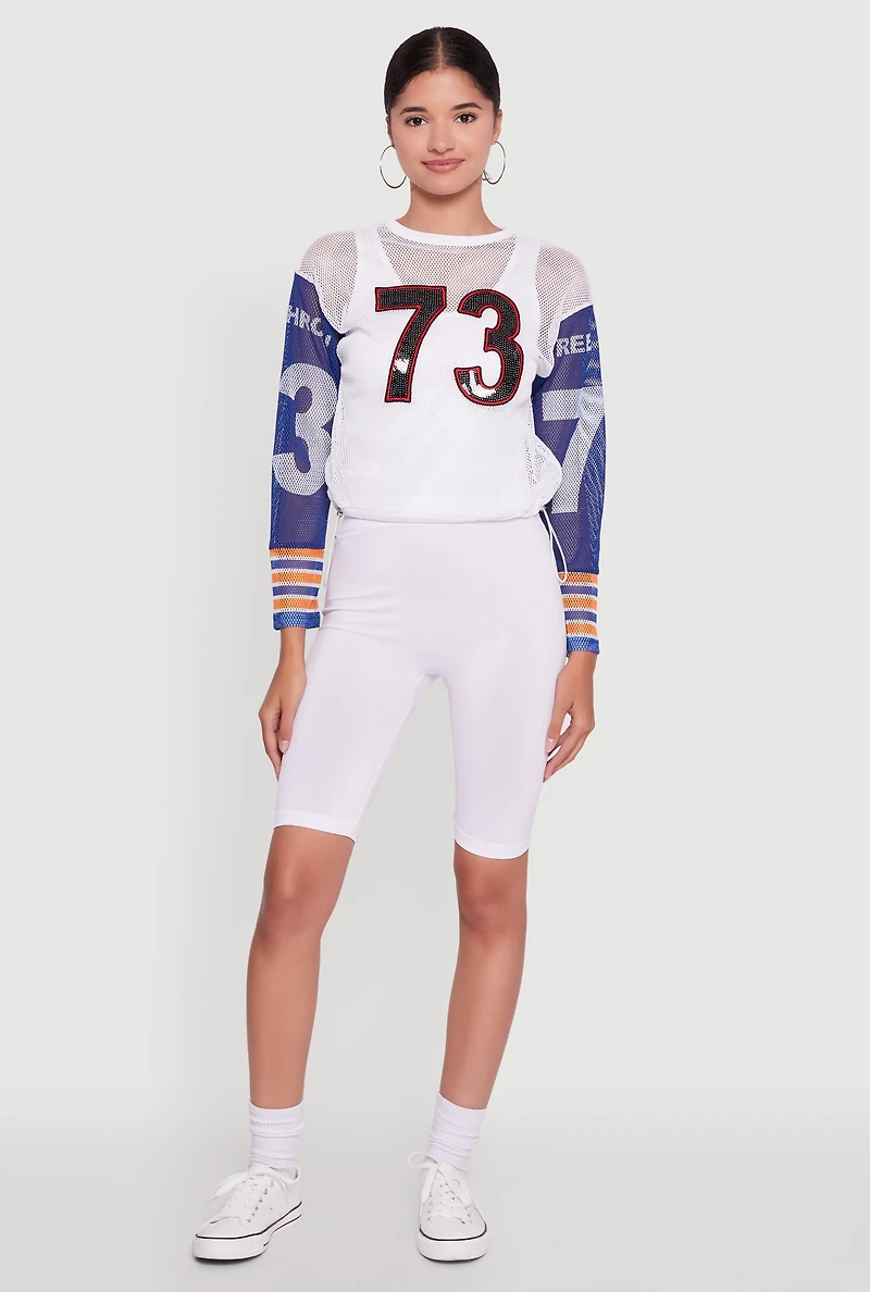 Number Sequin Fishnet Graphic Print Long Sleeve Top