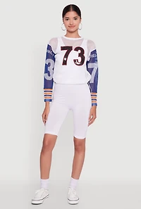 Number Sequin Fishnet Graphic Print Long Sleeve Top