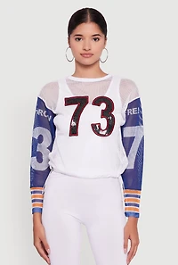 Womens Number Sequin Fishnet Graphic Print Long Sleeve Top, Multi, Size S