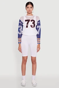 Number Sequin Fishnet Graphic Print Long Sleeve Top