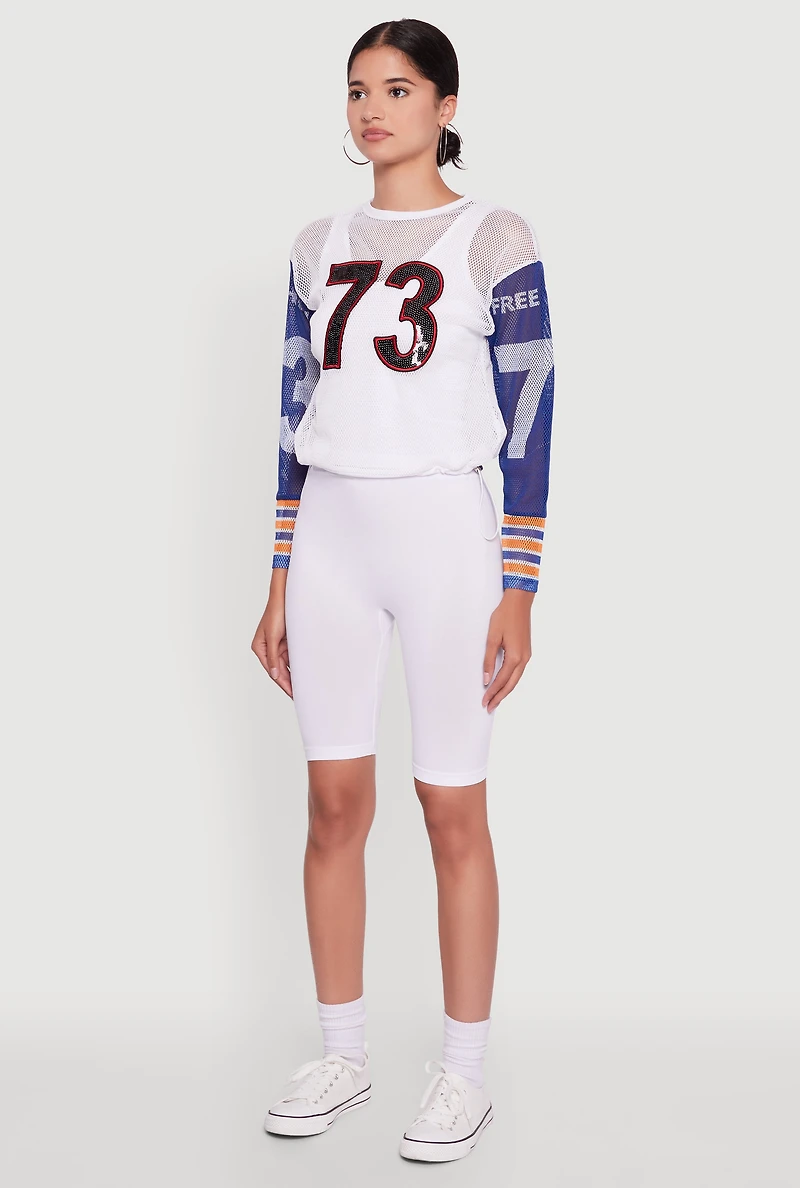 Number Sequin Fishnet Graphic Print Long Sleeve Top