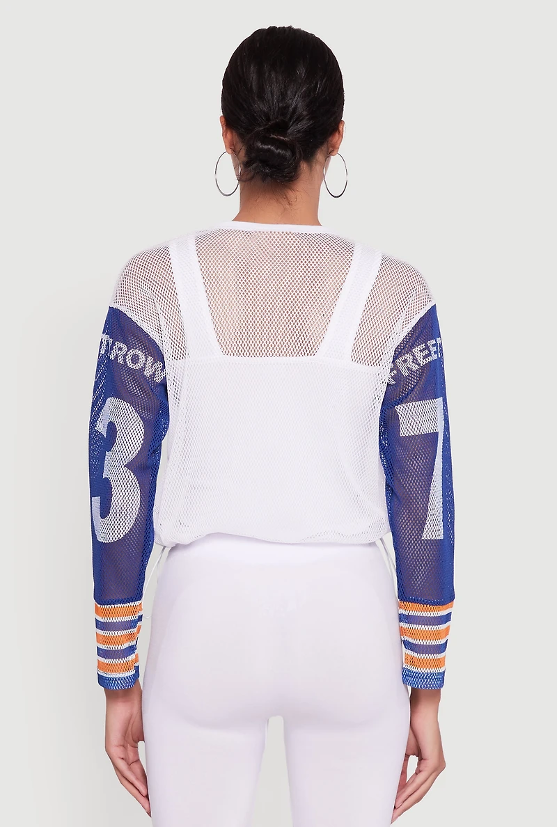 Womens Number Sequin Fishnet Graphic Print Long Sleeve Top, Multi, Size S