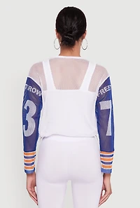 Womens Number Sequin Fishnet Graphic Print Long Sleeve Top, Multi, Size S