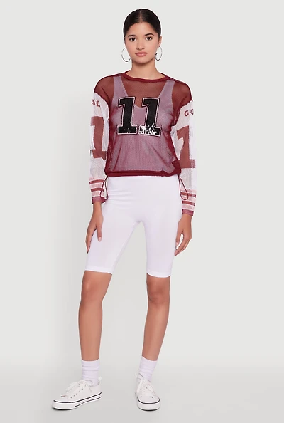 Womens Number Sequin Fishnet Graphic Print Long Sleeve Top,