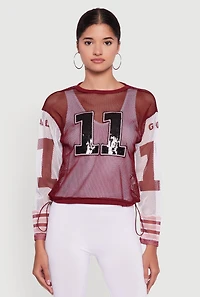 Womens Number Sequin Fishnet Graphic Print Long Sleeve Top, Burgundy, Size XL