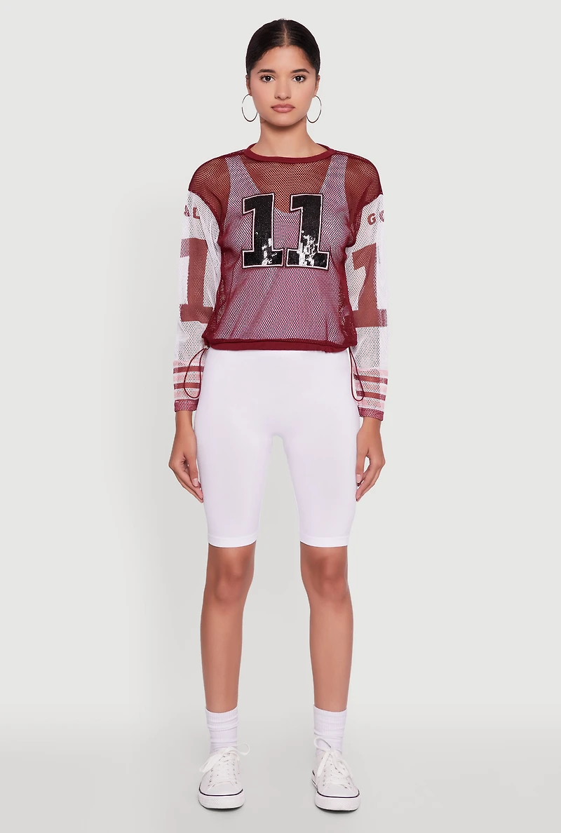 Womens Number Sequin Fishnet Graphic Print Long Sleeve Top, Burgundy, Size XL