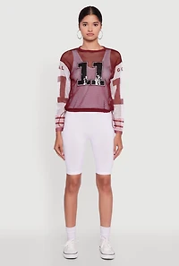 Womens Number Sequin Fishnet Graphic Print Long Sleeve Top, Burgundy, Size XL