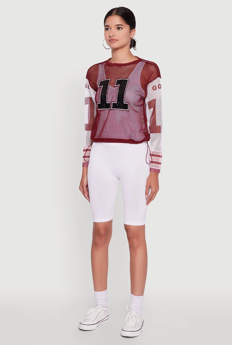 Womens Number Sequin Fishnet Graphic Print Long Sleeve Top, S