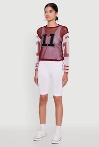 Womens Number Sequin Fishnet Graphic Print Long Sleeve Top, S